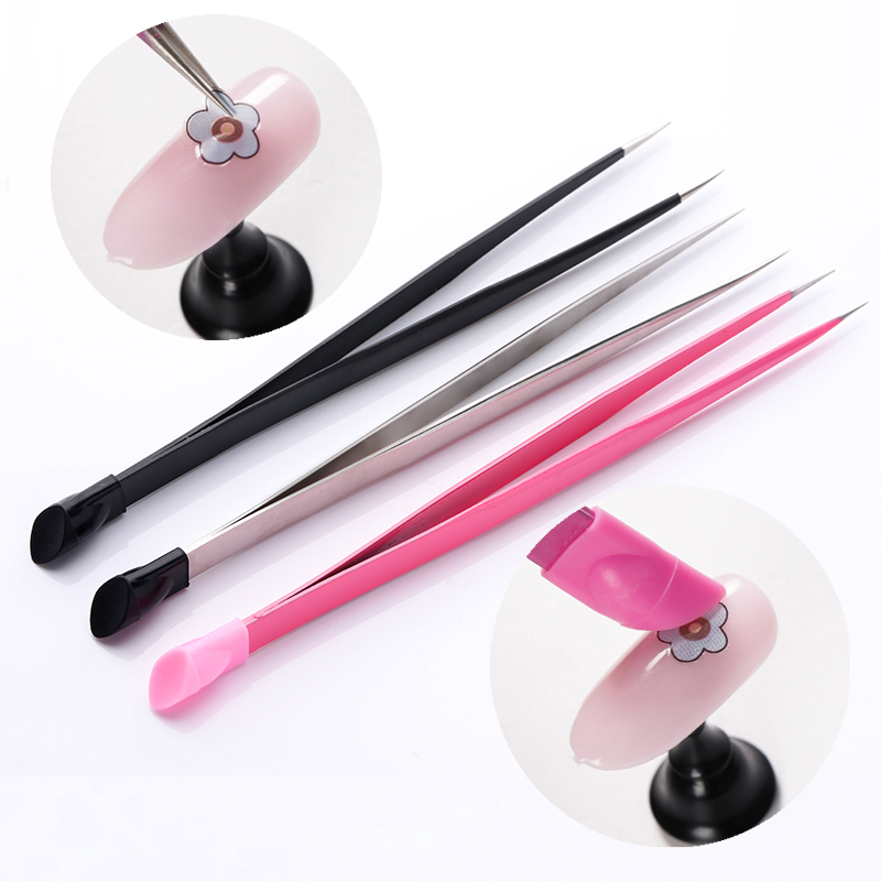 Double Ended Nail Art Tweezers With Silicone Pressing Head, 1pc