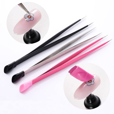 1pc 2 heads Straight Nail Tweezers with Silicone Pressing Head for 3D Sticker Rhinestones Water Sticker Picker Metal Nails Tools ► Photo 1/6