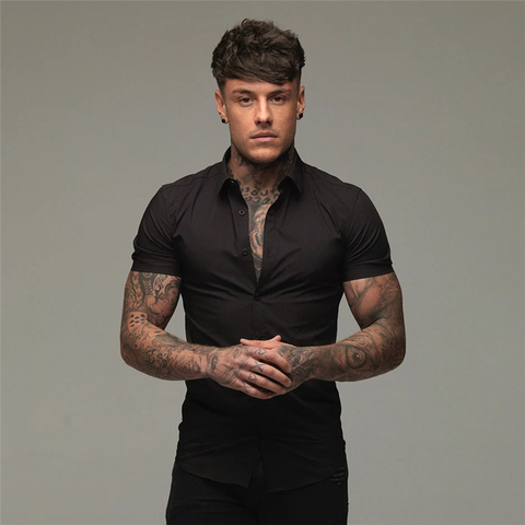 Summer Fashion Slim Fit Button Short Sleeve Shirts Men Casual Sportswear Dress Shirt Male Hipster Shirts Tops Fitness Clothing ► Photo 1/6