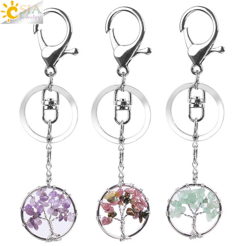 CSJA Natural Crystal Stone Round Tree of Life Pendant Handmade Keychains Key Ring Key Holder for Women Car Bags Accessories E820 ► Photo 1/6