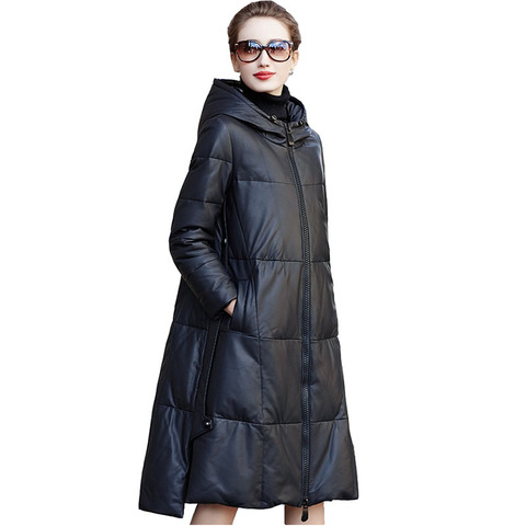 New High quality Genuine Leather Coat Women Winter Down Jacket Sheepskin Outerwear Plus size A-line Cloak Hooded Long Coats KW28 ► Photo 1/6