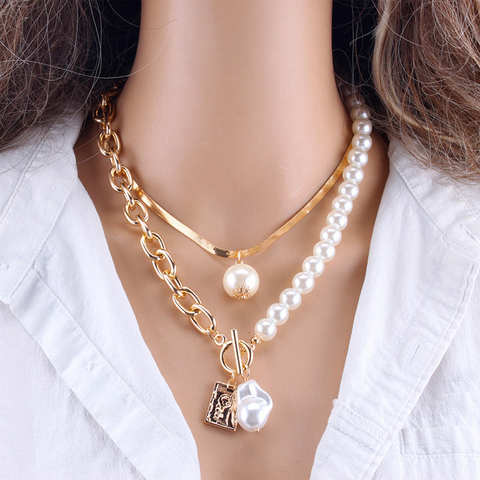 Fashion Chain Pearl Necklace For Women Baroque Pearl Metal Charm Pendants Necklaces Choker Snake Chain Jewelry Gold Silver Color ► Photo 1/6