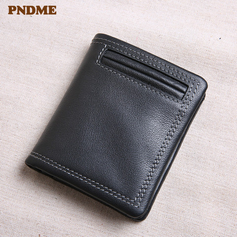 PNDME genuine leather wallet men's short section tide personality youth soft first layer cowhide black credit card holder purse ► Photo 1/6