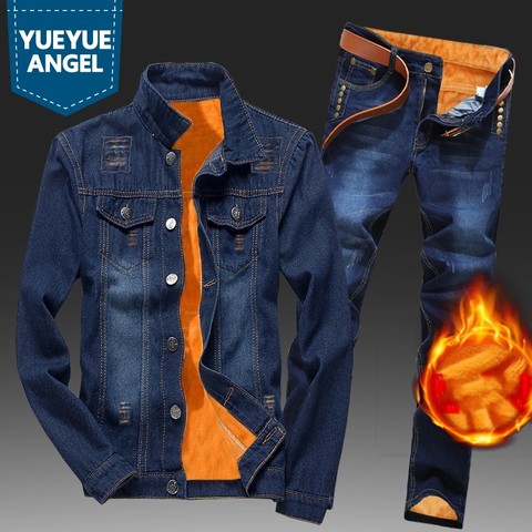 Winter Men Fleece Lining Thick Warm Denim Two Piece Set Slim Fit Cowbody Jacket Jeans Suit Safari Style Cargo Pants Matching Set ► Photo 1/6