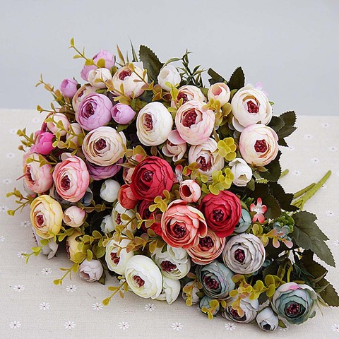 Cheap 1 Bouquet European Pretty Bride Wedding Small Peony Silk Flowers Mini  Fake Flowers for Home Decoration Indoor