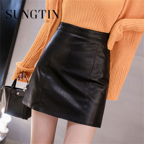 Sungtin Classic Mini Leather Skirt Women High Waist Fashion Casual Faux Leather A-Line Bodycon Skirt Ladies Streetwear New ► Photo 1/6