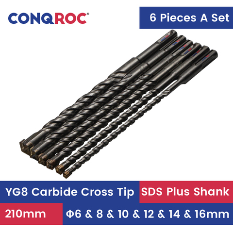 6 Pieces 210mm SDS Plus Drill Bits Set 6mm 8mm 10mm 12mm 14mm 16mm YG8 Carbide Steel Cross Tip Masonry Drill Bits Kit ► Photo 1/6