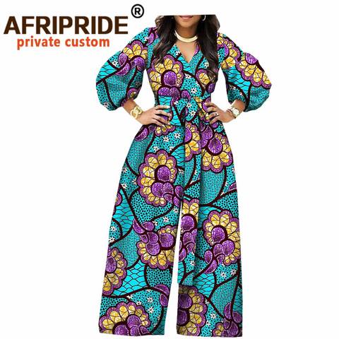 2022 african jumpsuit for women AFRIPRIDE three quarter lantern sleeve full length wide leg women cotton jumpsuit A1829011 ► Photo 1/6