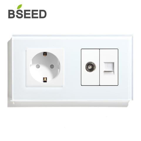 BSEED Wall Socket TV PC With EU Standard Socket Crystal Glass Panel White EU Standard ► Photo 1/6