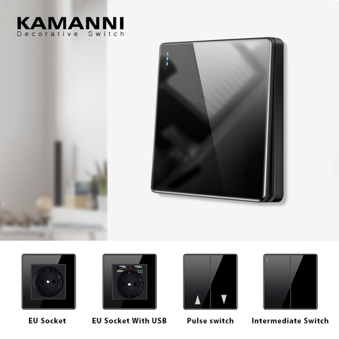 KAMANNI Luxury Light Switch General Standard Crystal Tempered Glass 2Gang 2 Way Switch Black Power Push Botton light Switch 220V ► Photo 1/6