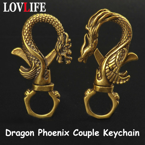 Vintage Brass Dragon Phoenix Couple Keychain Antique Copper Dragon Carabiners Key Chains Men Waist Buckle Car Keys Holder Gifts ► Photo 1/6