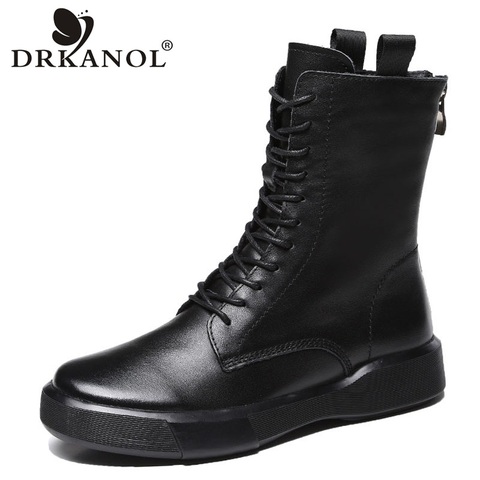 DRKANOL 2022 Fashion Women Boots Autumn Winter Shoes Soft Bottom 100% Genuine Leather Flat Mid Calf Boots Women Casual Warm Boot ► Photo 1/6