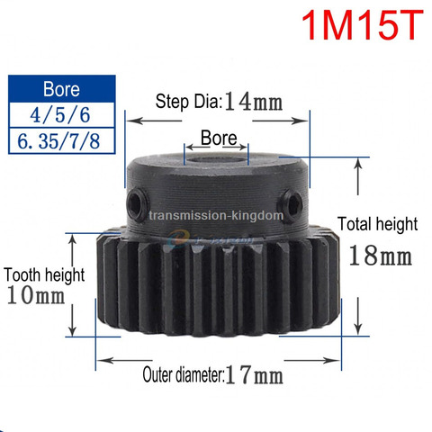 1Pcs 1Modulus Spur Gear 15 Teeth To 18 Teeth Metal Motor Pinion Convex Gear Rack bore 4/5/6/6.35/7/8/10mm Transmission ► Photo 1/6