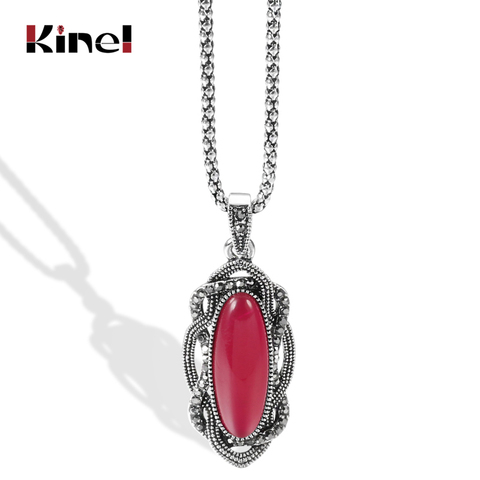 Kinel Top Quality Boho Red Stone Necklace Tibetan Silver Mosaic AAA Gray Crystal Big Oval Necklace For Women Vintage Jewelry ► Photo 1/6