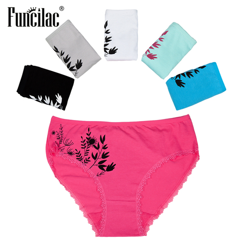 FUNCILAC Plus Size Underwear Women Sexy Lace Briefs Print Panties Cotton Crotch Mid-Rise Good Quality Lingerie 2XL-4XL 5 Pcs/lot ► Photo 1/5