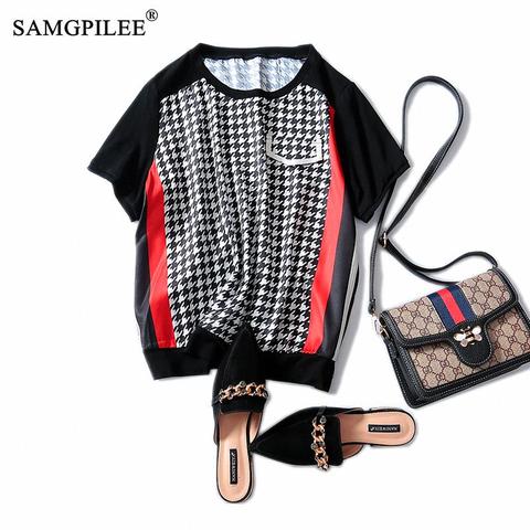 Women T-shirt 2022 Plus Size Womens Tshirts Office Lady Tops For Womens Chiffon Short Sleeve Plaid O-neck Tshirt Oversize 4XL ► Photo 1/6