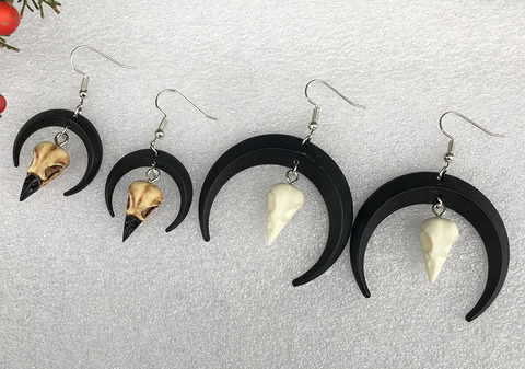 Crow skull pendant earrings with Black Moon, resin replica hand painted, witch gothic gift ► Photo 1/5