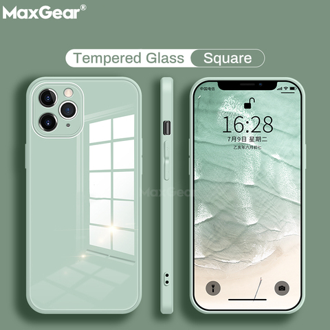Original Liquid Silicone Tempered Glass Case For iPhone 12 Mini 11 Pro X XS Max XR SE 2 7 8 Plus Hard Back Cover Protective Capa ► Photo 1/6