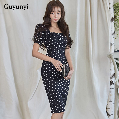 Dot Office Lady Dress 2022 Summer Elegant Party Dress Sexy Square Collar Puff Sleeve Single-Row Button High Waist Tight Dress ► Photo 1/5