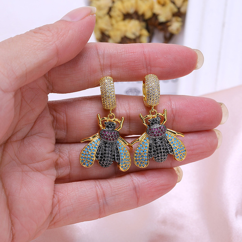 JUWANG New Fashion Women Earrings Jewelry Colorful Cubic Zirconia Animal Beetle Bee Drop Earrings For Women Girl Birthday Gifts ► Photo 1/6