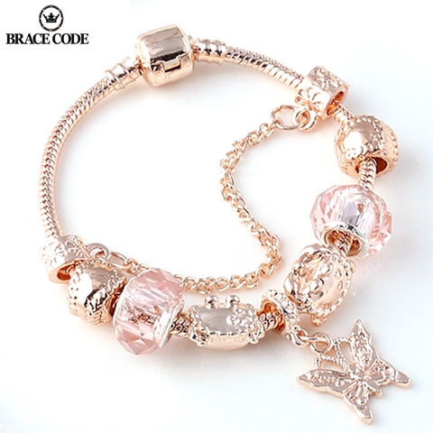 BRACE CODE  Rose golden butterfly Charm Bracelet With An crown Beads Fits Fine Bracelet Women Party Jewelry Dropshipping ► Photo 1/5