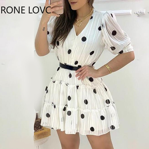 Women V-Neck Polka Dots Mesh Puff Sleeve Ruffles Casual Dress  Elegant Fashion Chic Dress ► Photo 1/3