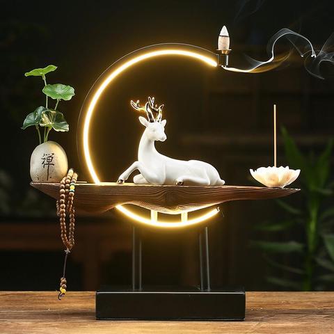 Buddhist Backflow Incense Burner Holder Smoke Waterfall Censer Buddha Lotus White Deer Burner With Lamp Circle Home Decoration ► Photo 1/6