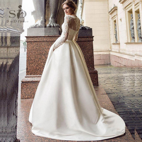 SoDigne July Wedding dress 2022 Long Sleeves A Line Satin Wedding Gown with Train Lace Appliques Boho Bride Dresses ► Photo 1/6