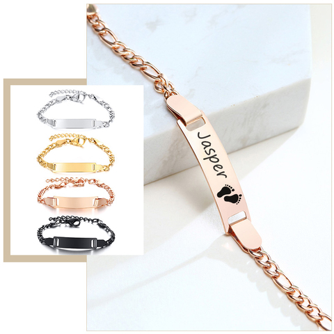 Personalize Engrave Baby Name Birthday Date Bracelet Figaro Link Chain Smooth Bangle No Allergy Custom Gifts Jewelry ► Photo 1/6