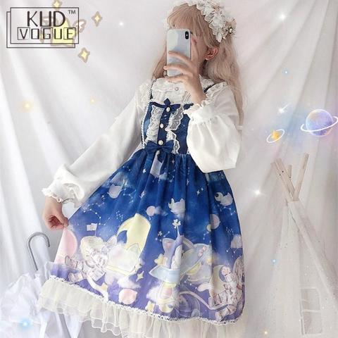 Lolita Kawaii Suspenders Dress Vintage Gothic Jsk Princess Girl Dress Gradient Sky Print High Waist Bowknot Lace Ruffle Sweet ► Photo 1/6