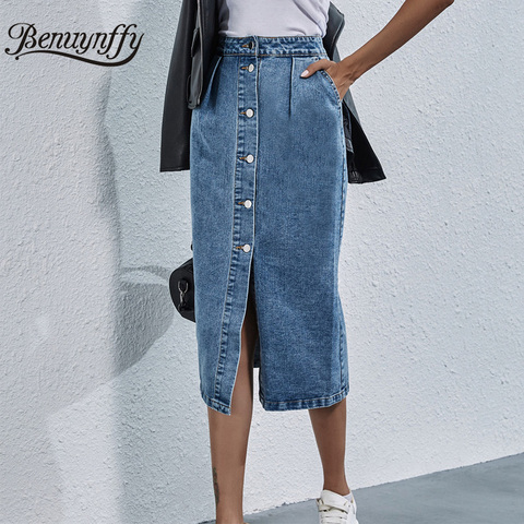Benuynffy Single Breasted Knee Length Denim Skirt Women Streetwear Casual Pocket High Waist Straight Jeans Skirt New ► Photo 1/6
