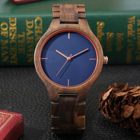 Retro Pure All Walnut Wooden Watch Simple No Word Blue Dial Clock Man Sports Full Wooden Band Quartz Wristwatches Relojes Hombre ► Photo 1/6