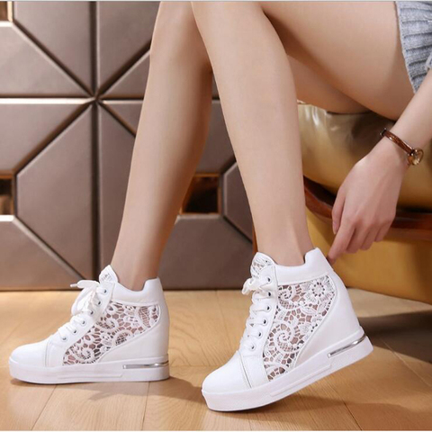 Women Wedge Platform Sneakers Rubber Brogue Leather High heels Lace Up Shoes Pointed Toe Height Increasing Creepers White Silver ► Photo 1/6