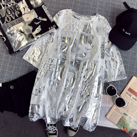 T-shirt Women Shiny Letters Silver Print Short Sleeve O-neck Fashion Oversized Casual Summer Femme T shirt Women Tops CC302 ► Photo 1/6