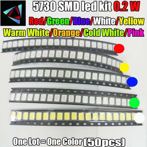 50pcs SMD 5730 5630 0.2W LED Diode Kit 10Values Red/Green/ICE Blue/White/Yellow /Warm White/Orange/Pink/ Cold GOLD LED kit ► Photo 1/1