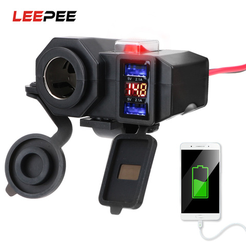 LEEPEE Motorcycle Handlebar Phone Charger Digital Display 5V 2.1A Adapter Power Supply Dual USB Port Cigarette Lighter Socket ► Photo 1/6