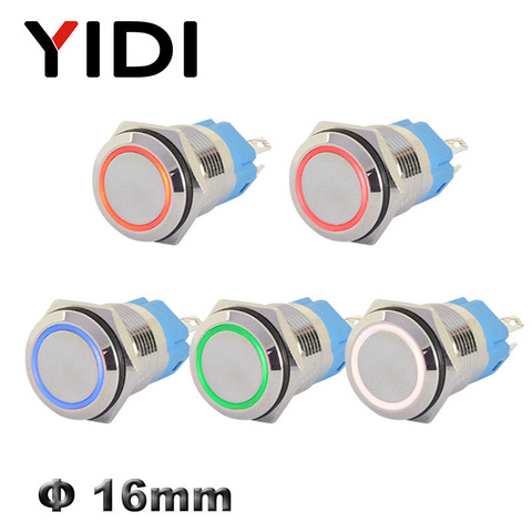 16mm LED Illuminated Flat Metal Push Button Switch on Off Latching 1NO1NC Momentary 12V 220V Red Green Blue Amber Led Switch ► Photo 1/6