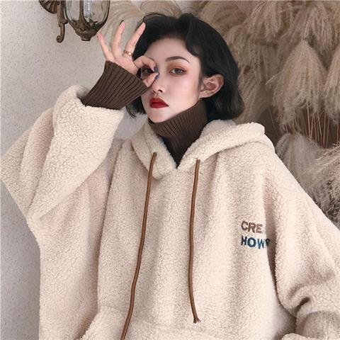 Women Hoodies Lamb Wool Fake Two-piece Hooded Sweatshirts 2022 Knitted Halter Tops Coats Ladies Winter Autumn Warm Pullovers ► Photo 1/6