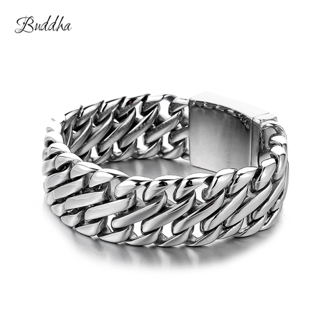 Double Curb Cuban Chain Bracelet Mens 316L Stainless Steel Wristband Bangle Silver Tone 23mm Buddha Bracelet with Logo ► Photo 1/6