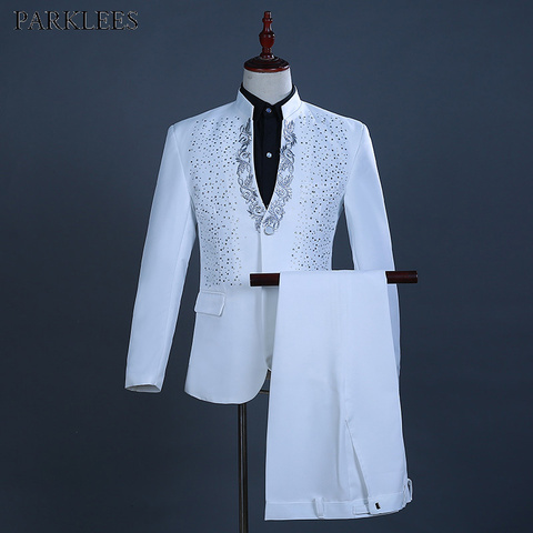 White Embroidered Diamond Suit Men Wedding Groom Tuxedo Suits Mens Stand Collar Prom Stage Costume Mens Suits with Pants Ternos ► Photo 1/6