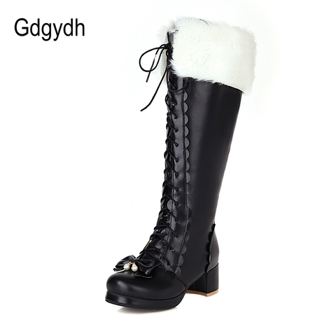 Gdgydh Warm Plush Winter Boots Women Knee High Long Boots Lace Up Pink Gothic Lolita Shoes Female Fashion Bow Knot Big Size ► Photo 1/6