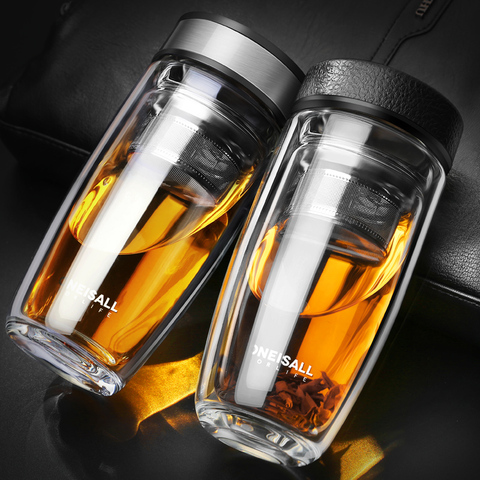 ONEISALL 350ML Double Water Bottle Car Mounted Scald Proof Glass Bottle Stainless Steel Filter Tea Tumbler male ► Photo 1/6