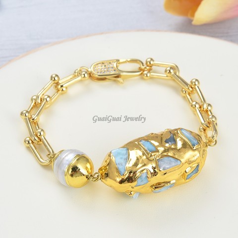 GG Jewelry Natural White Pearl Blue Larimar Rough Gold Plated Chain Olive shape Bracelet 8