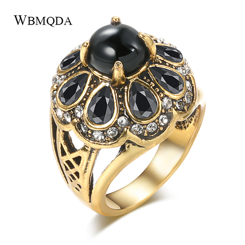 Wbmqda HOT 2002 Fashion Black Stone Rings For Women Vintage Wedding Jewelry Antique Gold Color Resin Crystal Flower Ladies Ring ► Photo 1/6