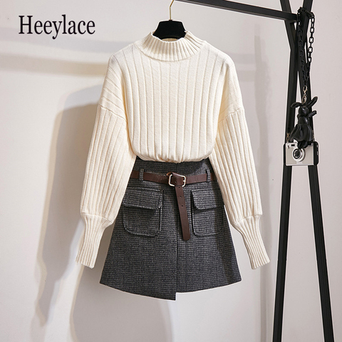 Knitted Puff Sleeve Women Fashion Autumn Winter Slim Sweet Sweaters Tops+Woollen Cloth Plaid High Waist Pockets Mini Skirts Sets ► Photo 1/6