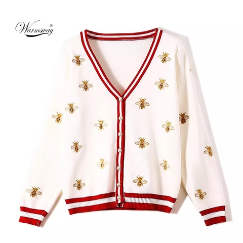 High Quality Fashion Designer Bee Embroidery Cardigan Long Sleeve Single Breasted Contrast Color Button Knitted Sweaters C-196 ► Photo 1/6