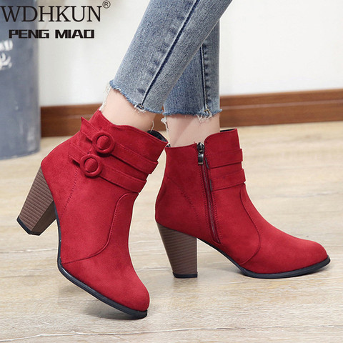 WDHKUN Red Boots Women 2022 Ankle Boots for Women High Heel Autumn Shoes Women Fashion Zipper Boots Size 43 Botas Mujer ► Photo 1/6