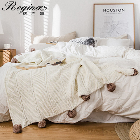 REGINA Brand Chunky Knit Chenille Blankets Cute Pompoms Autumn Winter Warm Weighted Throw Blanket Cozy Casual Sofa Bed TV Throws ► Photo 1/6