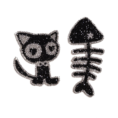 1pcs Sparkling Rhinestone Cartoon Cat Fish Bone Clothes Patches Fashion Sequined DIY Appliques Bling Iron-on Patches ► Photo 1/4