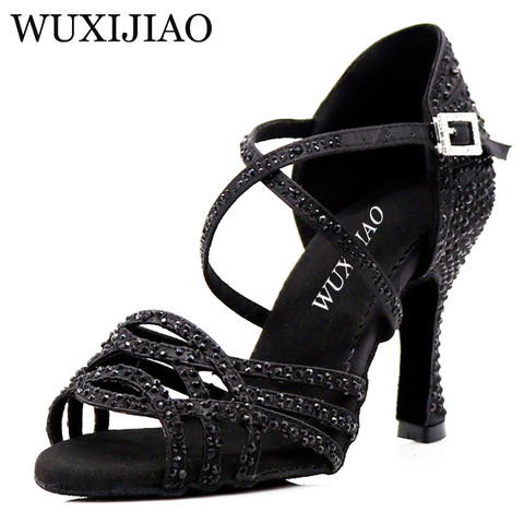 WUXIJIAO Latin black Rhinestone Dance Shoes Women Salas Ballroom Shoes  Cuba Heel 8.5cm Waltz Software Hot Sale dance Shoes ► Photo 1/6